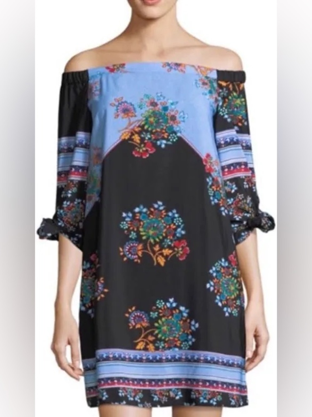 Nicole Miller sz10 blue + black old-world floral handkerchief sleeve Mini Dress